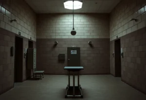 Interior of a prison execution chamber with dim lighting.