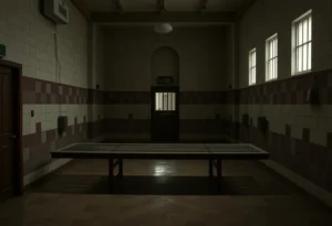 A somber execution chamber representing the controversy of the death penalty.