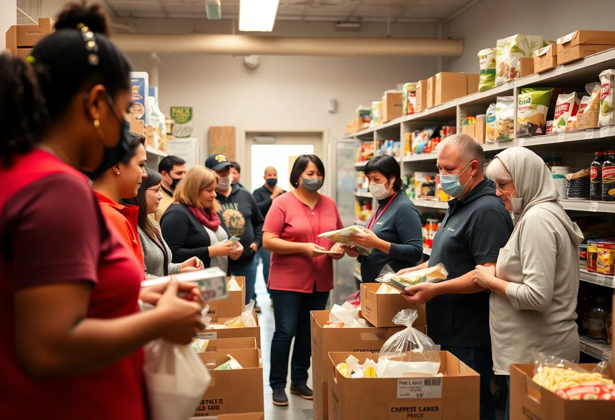 Volunteers working at a community food pantry distributing groceries.
