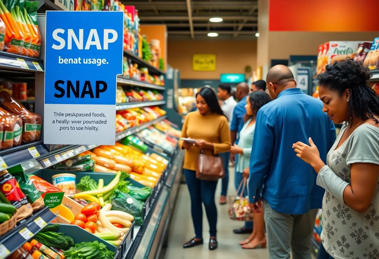 Grocery store products focusing on healthy food options with SNAP benefits signage.