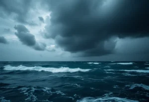 A powerful hurricane off the coast, showcasing turbulent seawater and stormy skies.