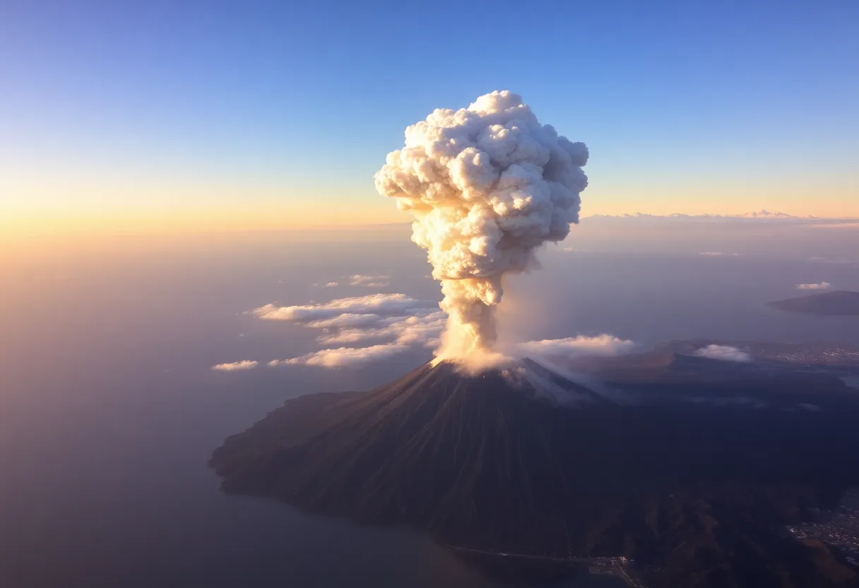 Eruption of Krasheninnikov volcano with ash plume rising into the sky.