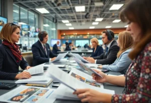 Interior of a busy newsroom with journalists working