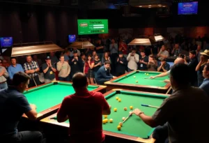 Billiards tournament scene showing players at work and spectators in action.