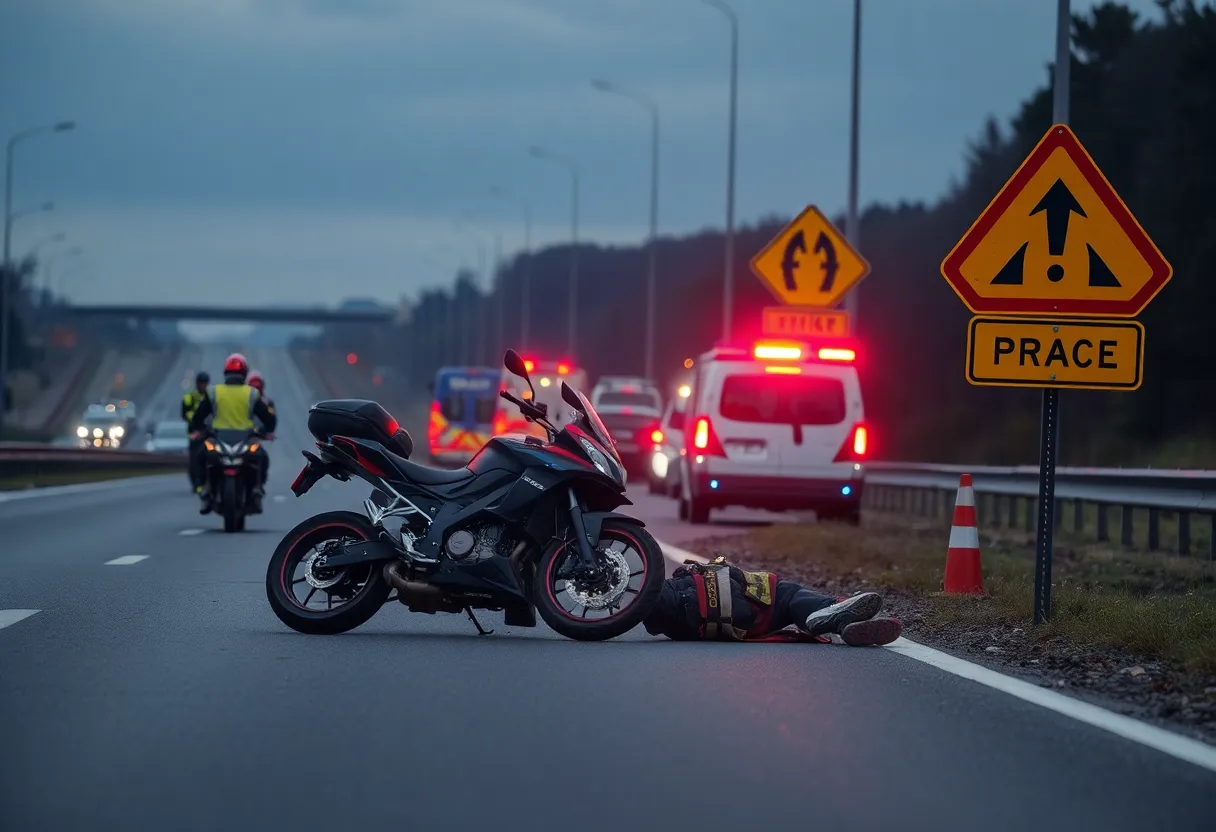 Scene of a motorcycle accident with emergency responders at the site.