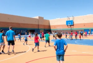 Athletic facilities at Myrtle Beach High School with students practicing sports.
