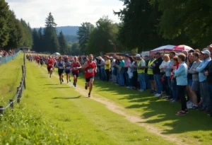 Athletes competing in a cross country race at a regional championship event