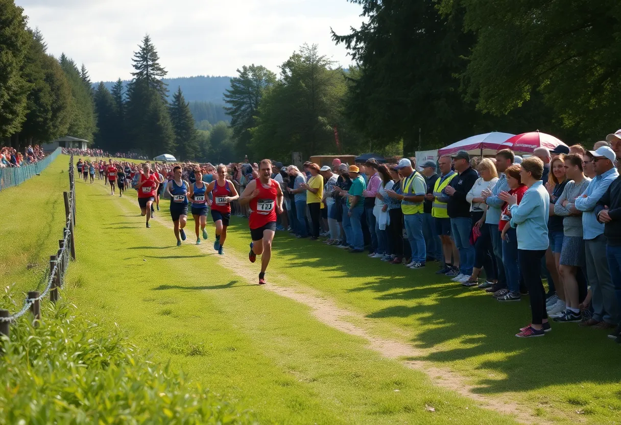 Athletes competing in a cross country race at a regional championship event