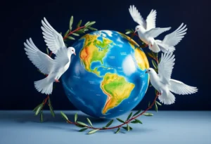 Symbol of peace represented with a globe and olive branches