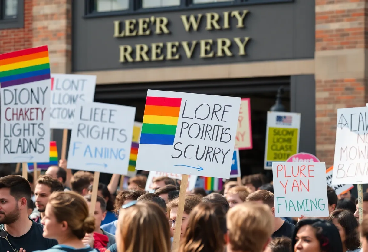 Protesters holding signs for LGBTQ+ rights outside a brewery in Rock Hill