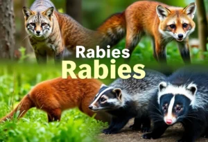 Wild animals including a bobcat, fox, raccoon, and skunk representing rabies concerns in South Carolina.
