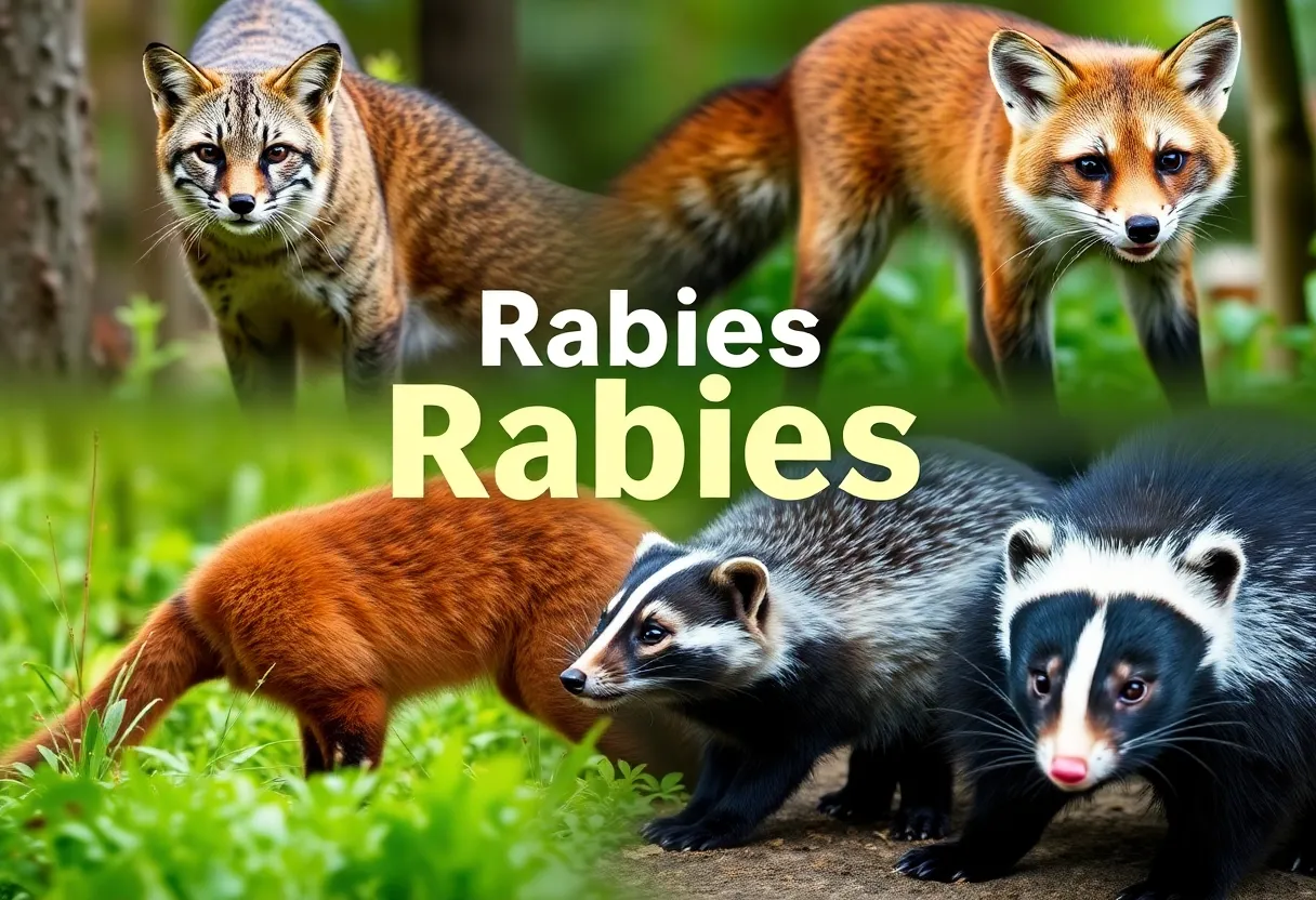 Wild animals including a bobcat, fox, raccoon, and skunk representing rabies concerns in South Carolina.