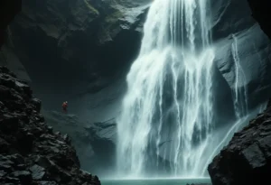 Rescue teams conducting an operation near a waterfall in California