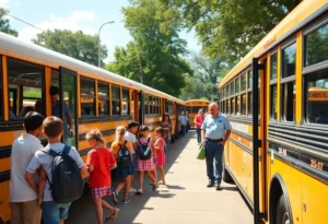 School buses of the Rock Hill School District with children boarding