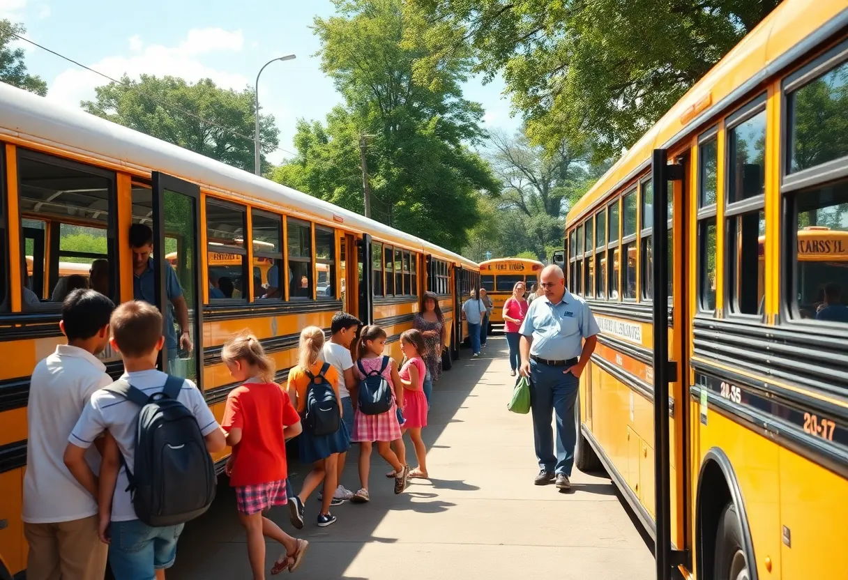 School buses of the Rock Hill School District with children boarding