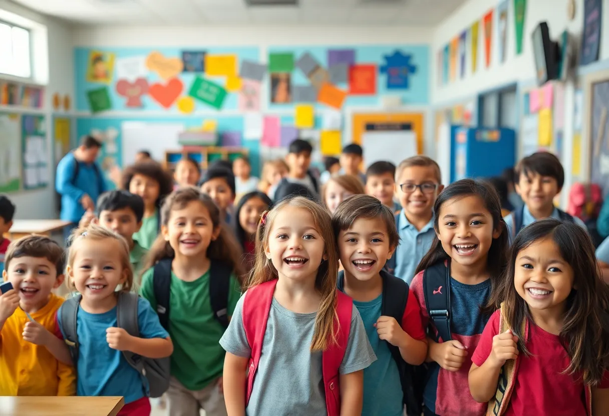 Students celebrating the first day of school in Rock Hill.