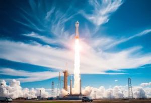 Rockets launching into the sky from a spaceport