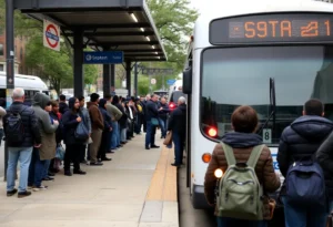 Commuters waiting at a SEPTA bus stop in Philadelphia amidst service cuts.