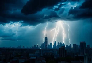 Dark clouds and lightning over a city skyline during a storm