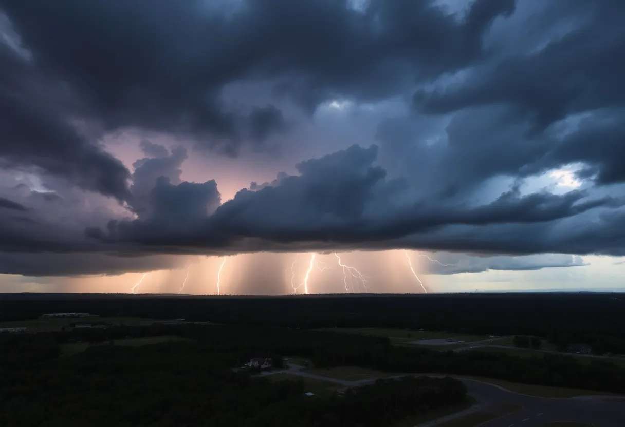 Severe thunderstorm clouds over a landscape