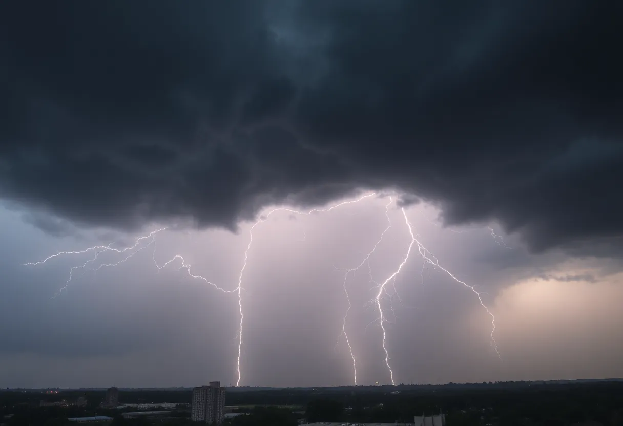 A severe thunderstorm over South Carolina with heavy rain and lightning.