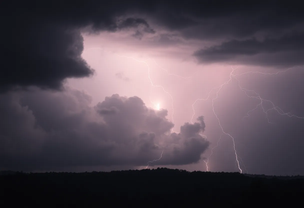 Lightning striking through dark clouds over Spartanburg County during a thunderstorm.