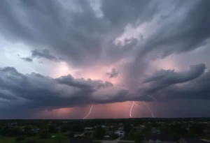 Dramatic sky signaling severe thunderstorm warning in Henderson County