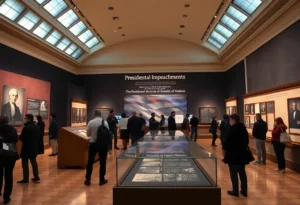 Visitors exploring the updated impeachment exhibit at the Smithsonian.