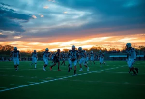 South Carolina Gamecocks players in action on the football field during sunset