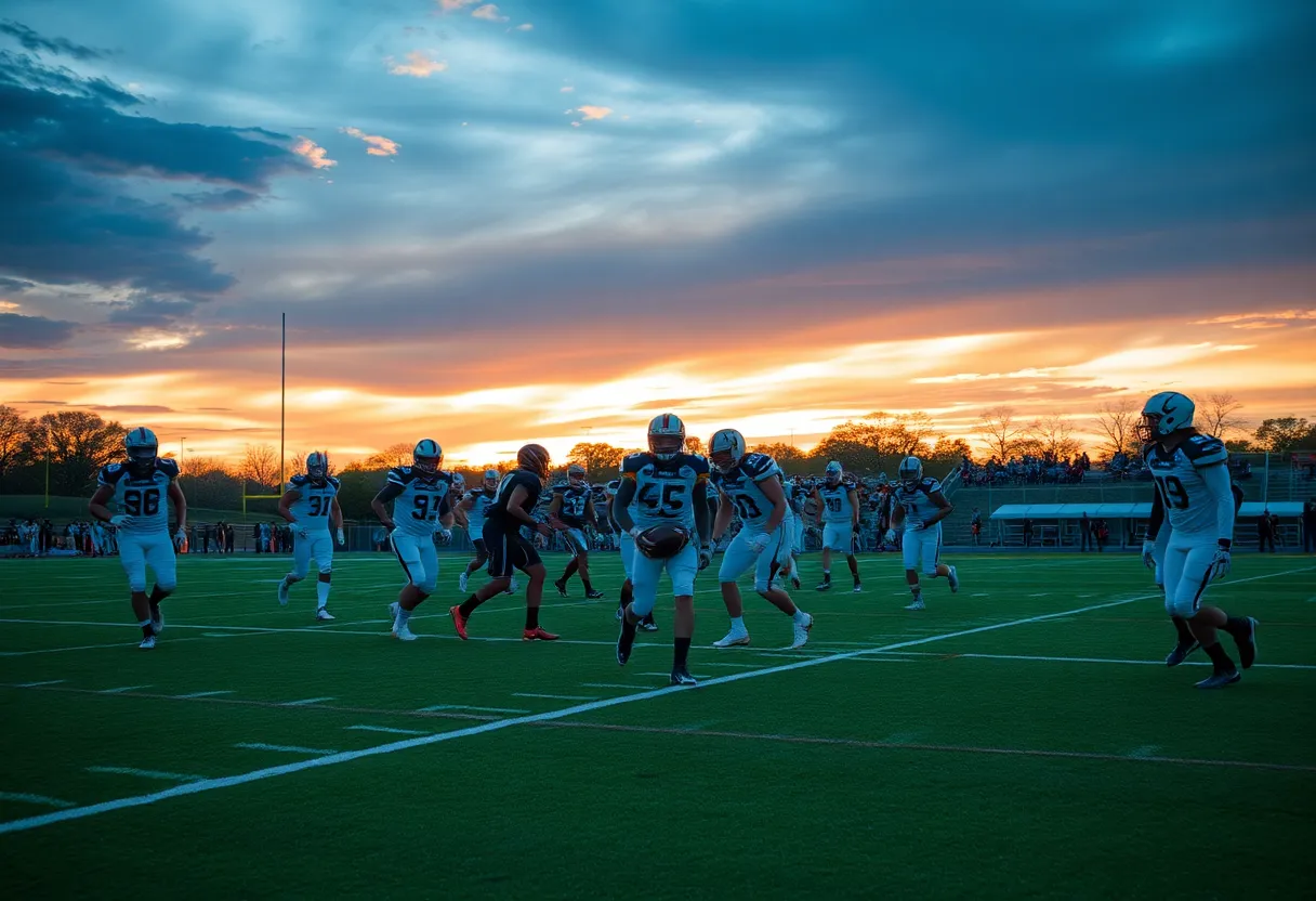 South Carolina Gamecocks players in action on the football field during sunset
