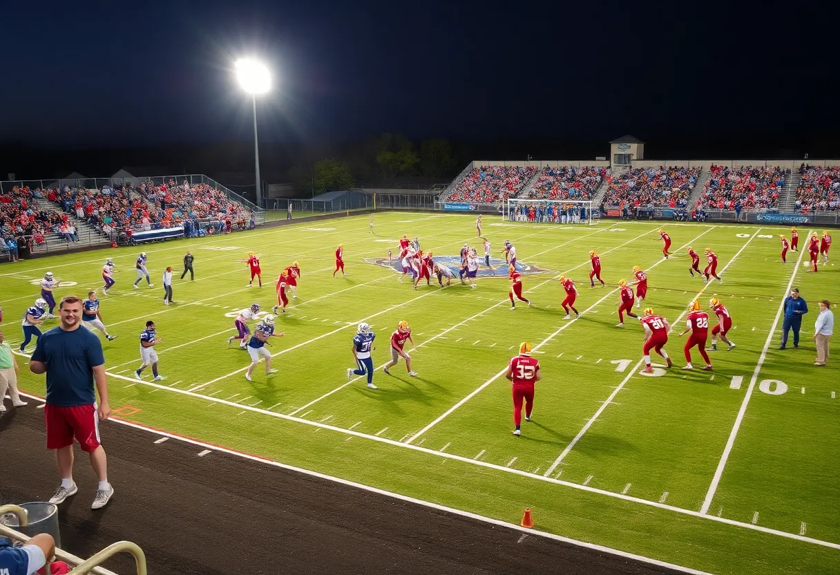 High school football game in South Carolina featuring players and cheering fans