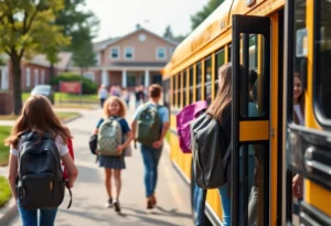 Students boarding a school bus with a school building in the background