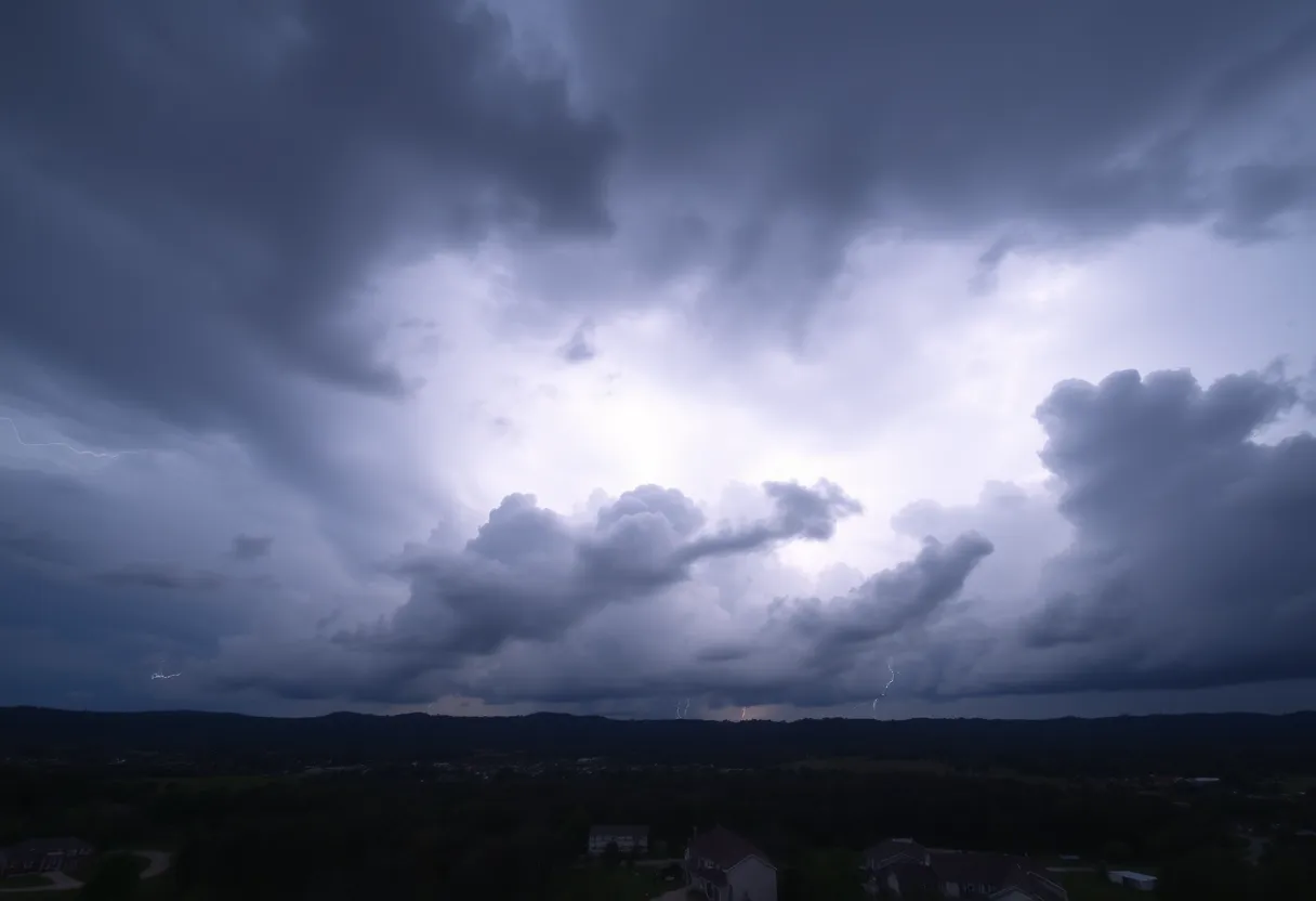 Cloudy sky with thunderstorm clouds and lightning above Greenville and Spartanburg.