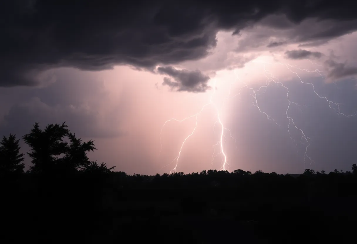 An intense thunderstorm with dark clouds and lightning over a small town in South Carolina.