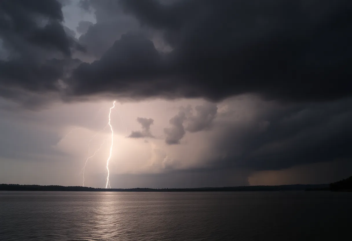 Severe thunderstorm over Lake Hartwell with lightning and dark clouds