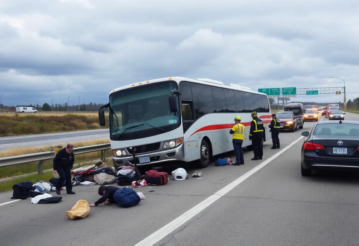 Scene of a tour bus accident on a highway with emergency responders.