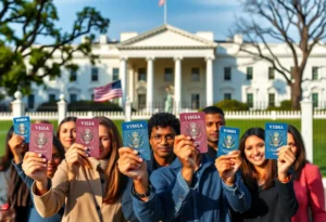 Diverse visa holders in front of the White House during the immigration policy review.