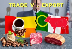 Illustration of trade tensions and tariffs affecting Brazilian goods