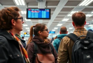 Airport passengers waiting anxiously during flight disruptions