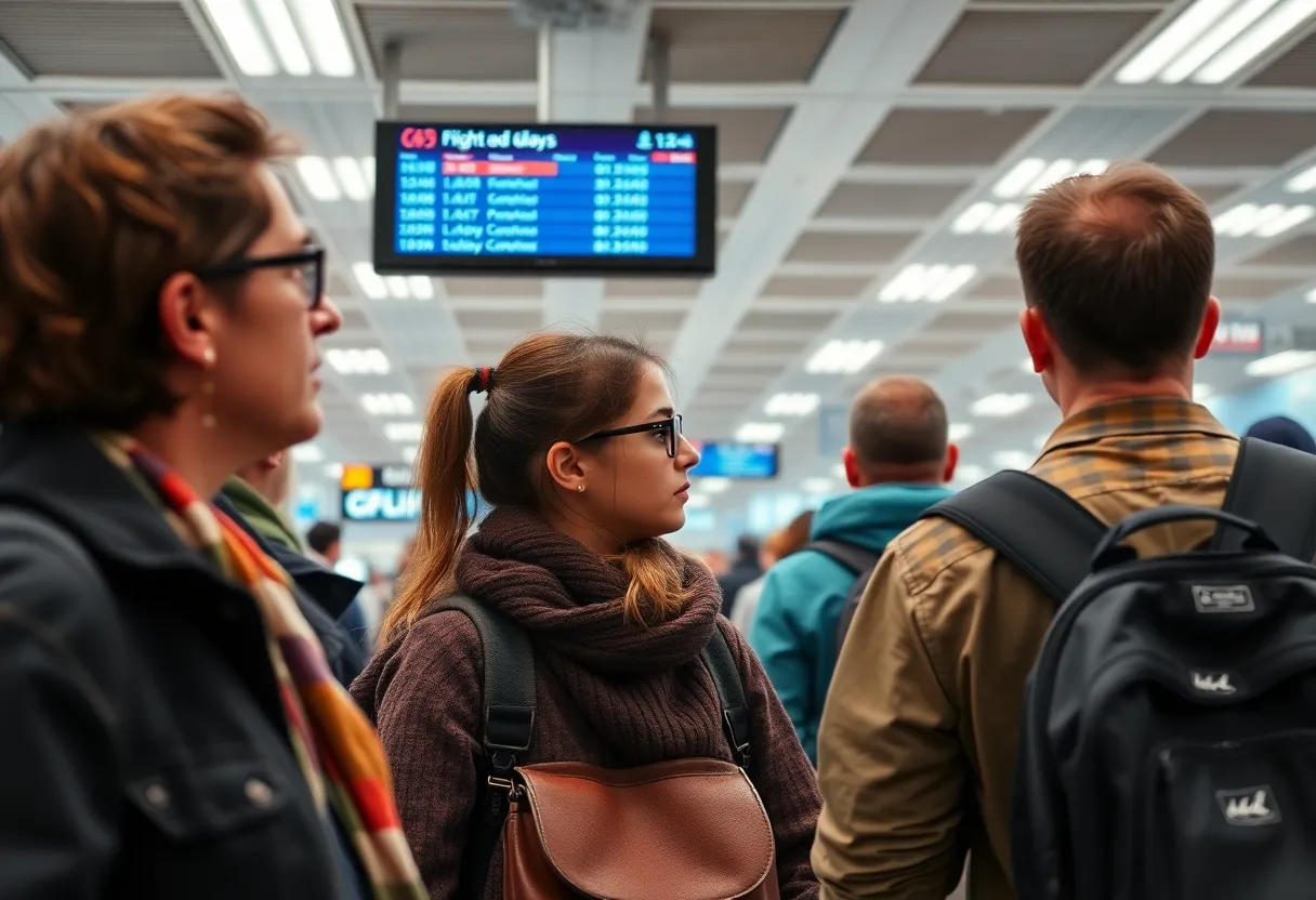 Airport passengers waiting anxiously during flight disruptions
