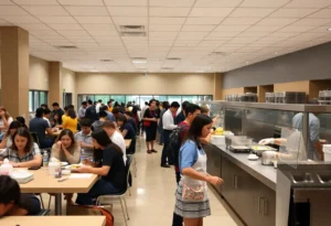 Winthrop University dining hall filled with students and food service staff.