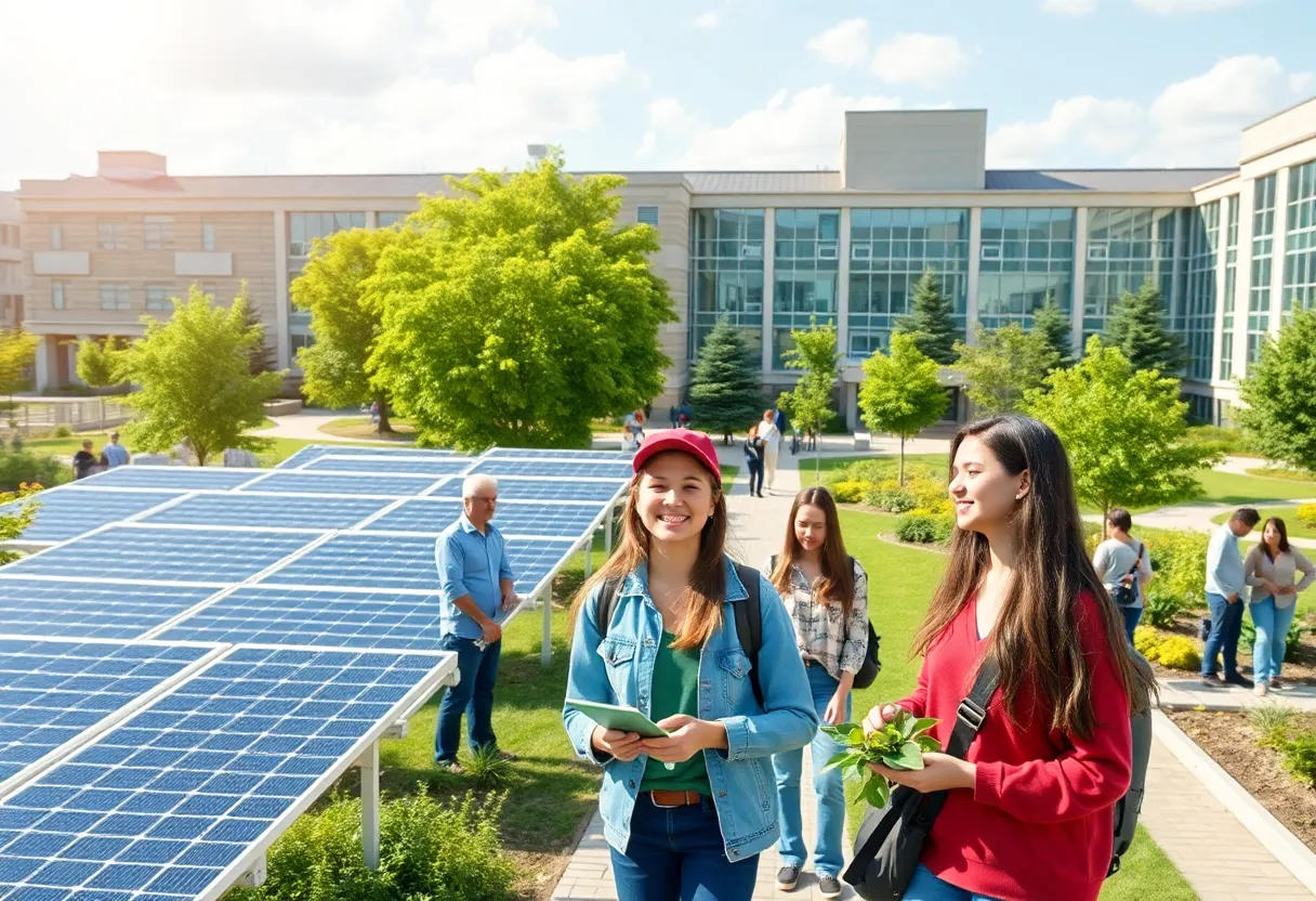 Students and solar panels on Winthrop University campus