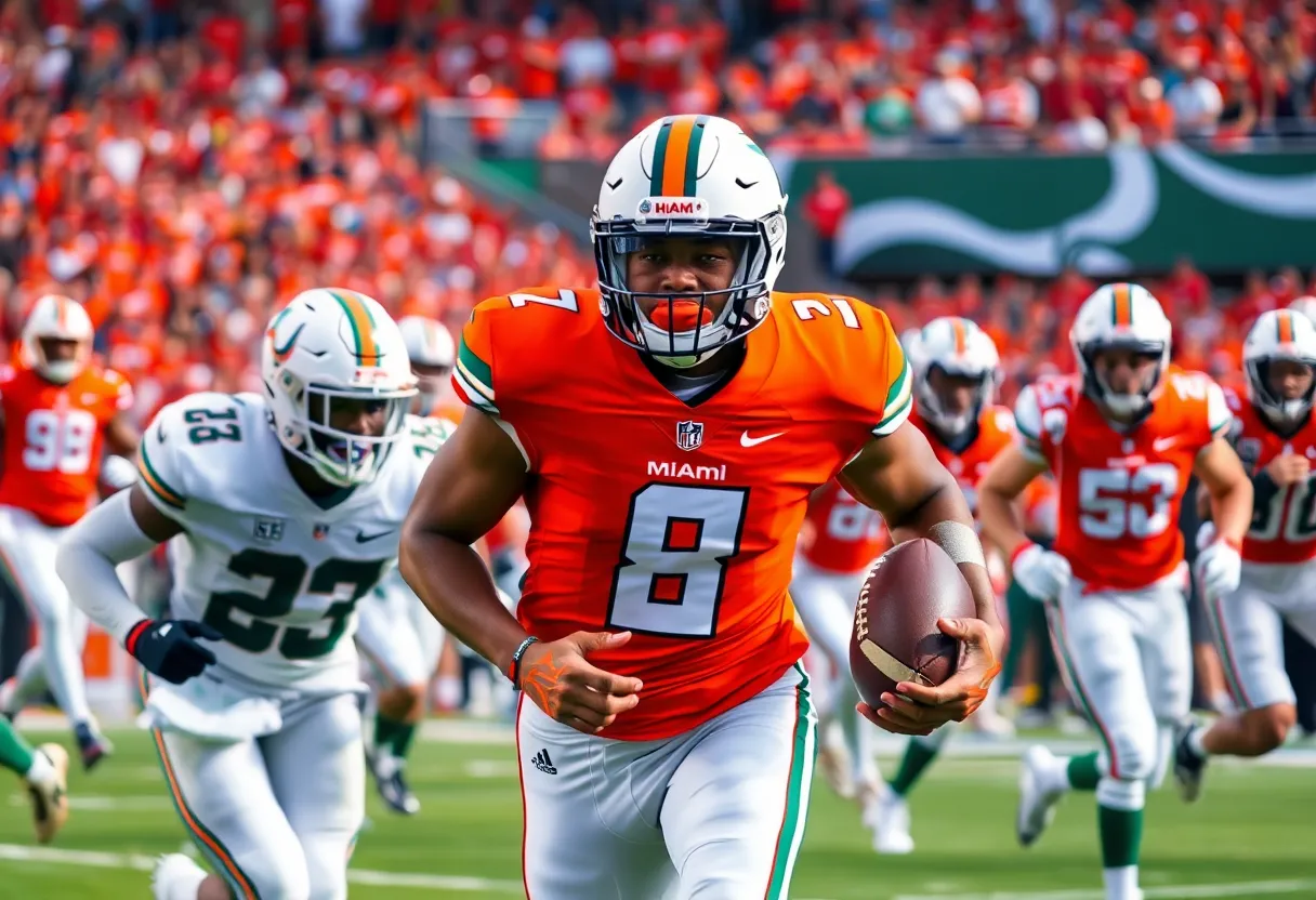 Miami Hurricanes football team celebrating after a victory.