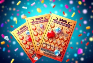 Illustration of colorful lottery scratch-off tickets with diamonds and confetti.