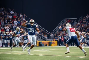 Duke and NC State players competing on the football field