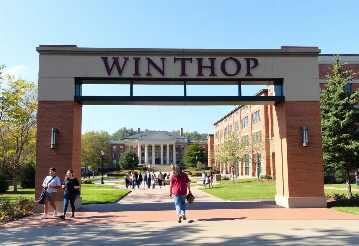 Entrance to Winthrop University showing students and campus buildings.