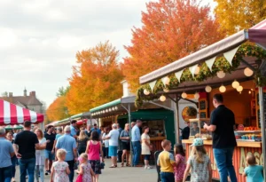Families enjoying a fall festival in Lancaster County with food stalls and live music