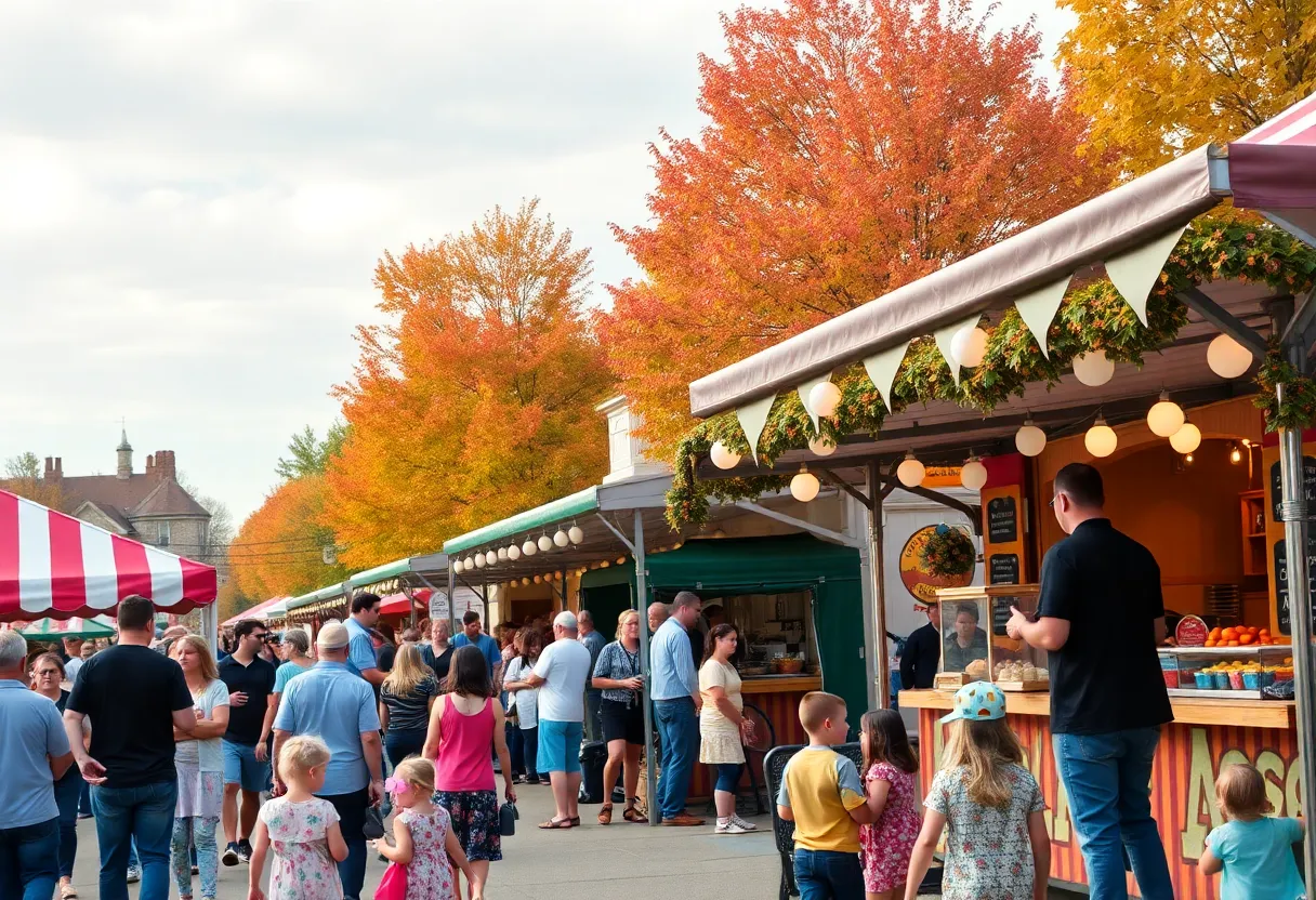 Families enjoying a fall festival in Lancaster County with food stalls and live music