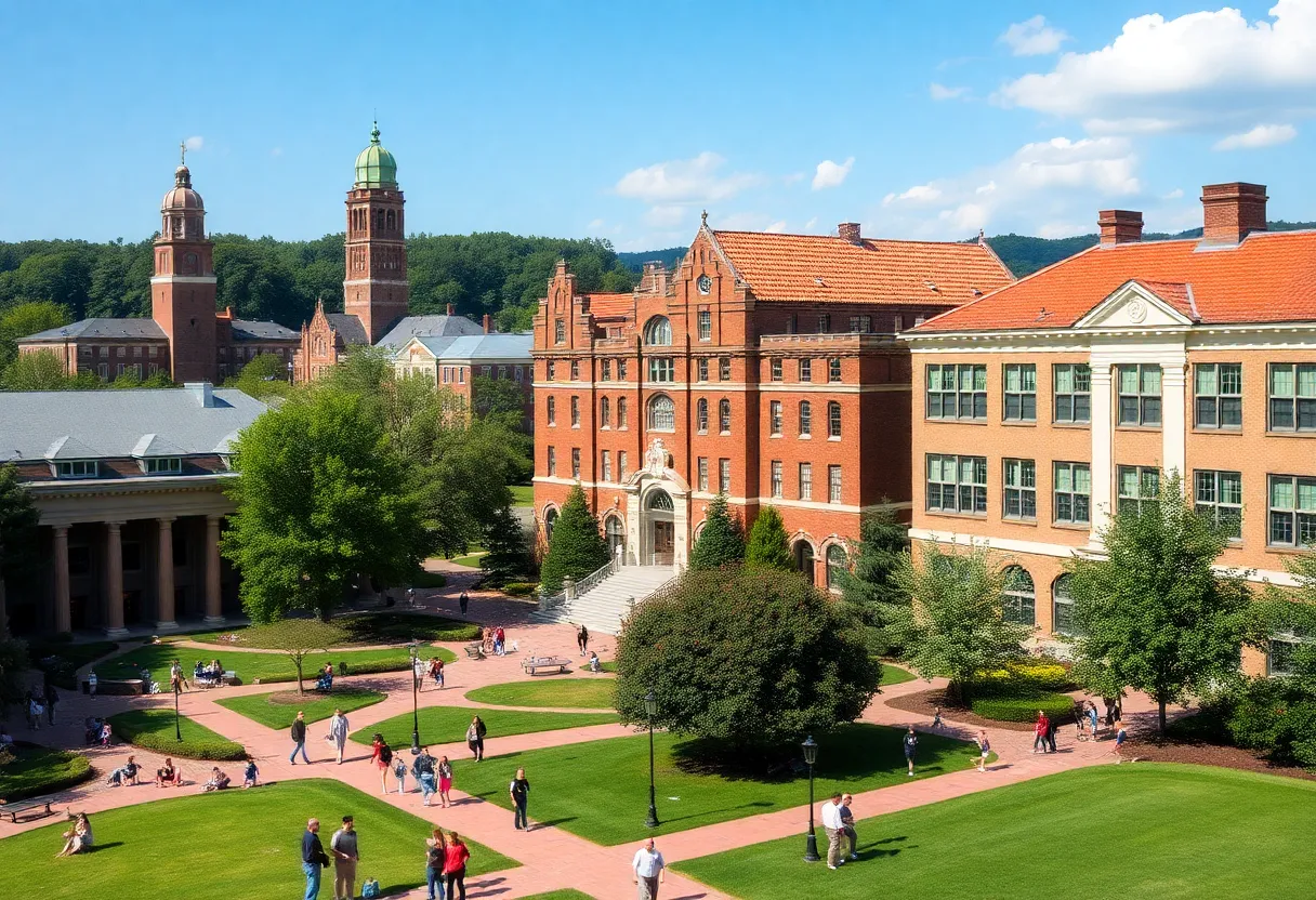 Scenic view of Winthrop University campus with students