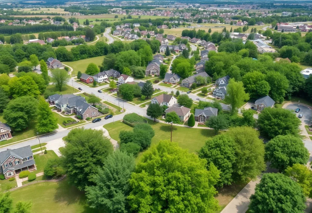 A panoramic view of Rock Hill neighborhoods with parks and homes.